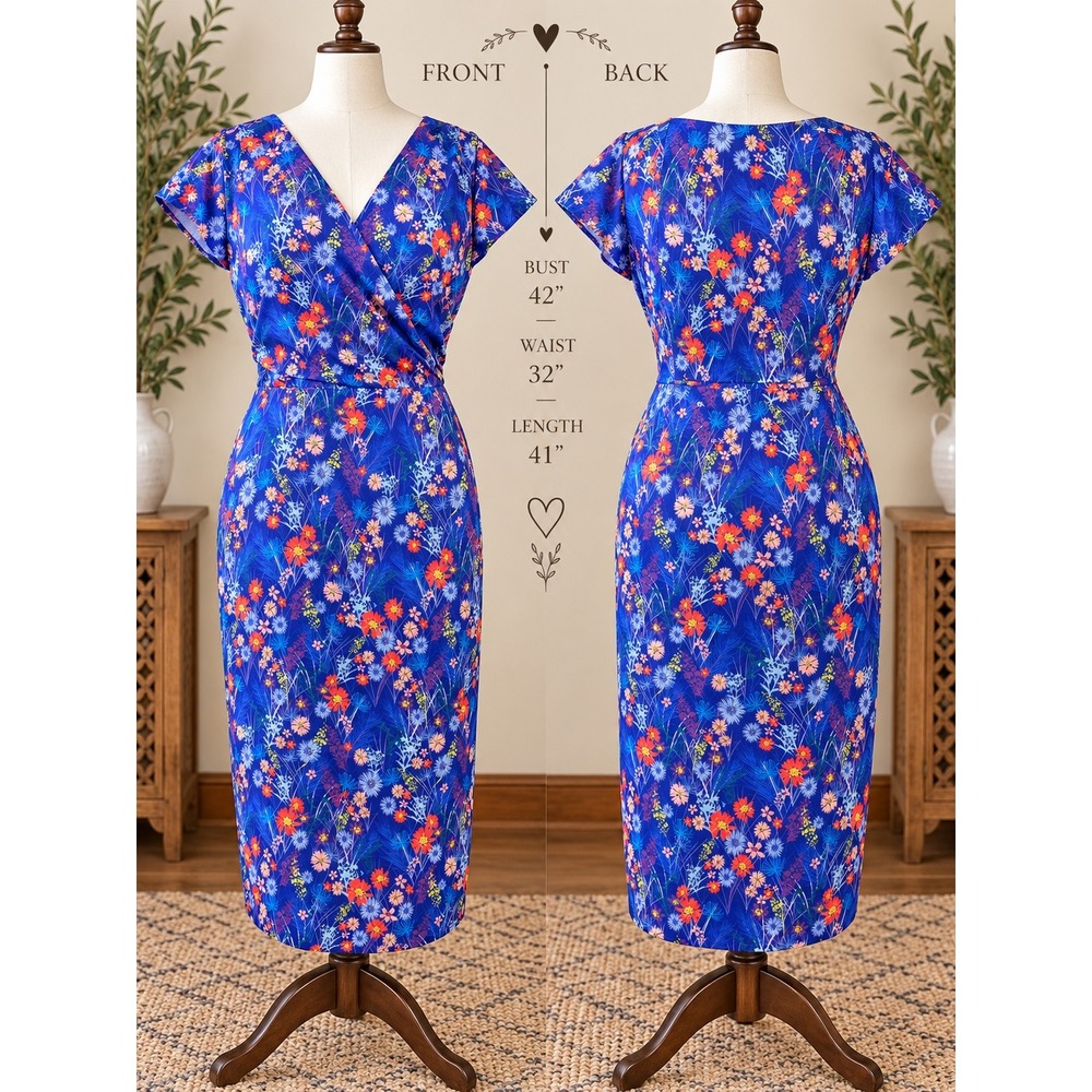 Lindy Bop Georgiana Purple Blooming Floral Wrap V-Neck Wiggle Midi Dress US 10